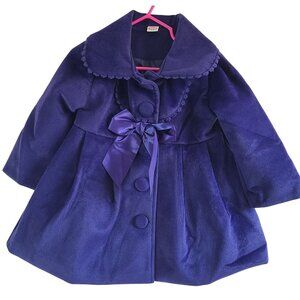 Girls Velvet Coat Royal Blue Size 3T / 4T Bow & Pom Pom Trim Elegant Winter
